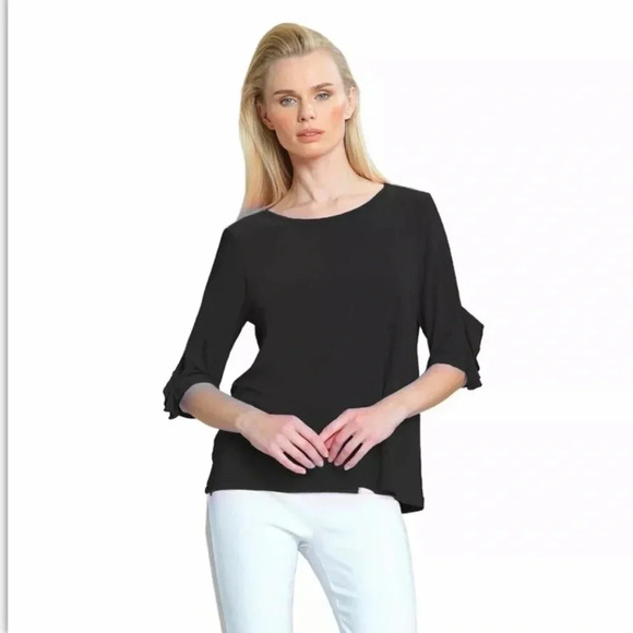 Clara Sun Woo black Ruffle Sleeve top round neck 3/4 Size XL - Picture 1 of 7